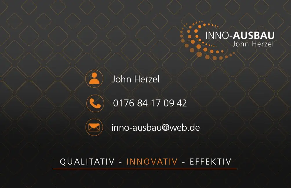 Visitenkarte Rückseite mit Kontaktdaten von Inno-Ausbau John Herzel