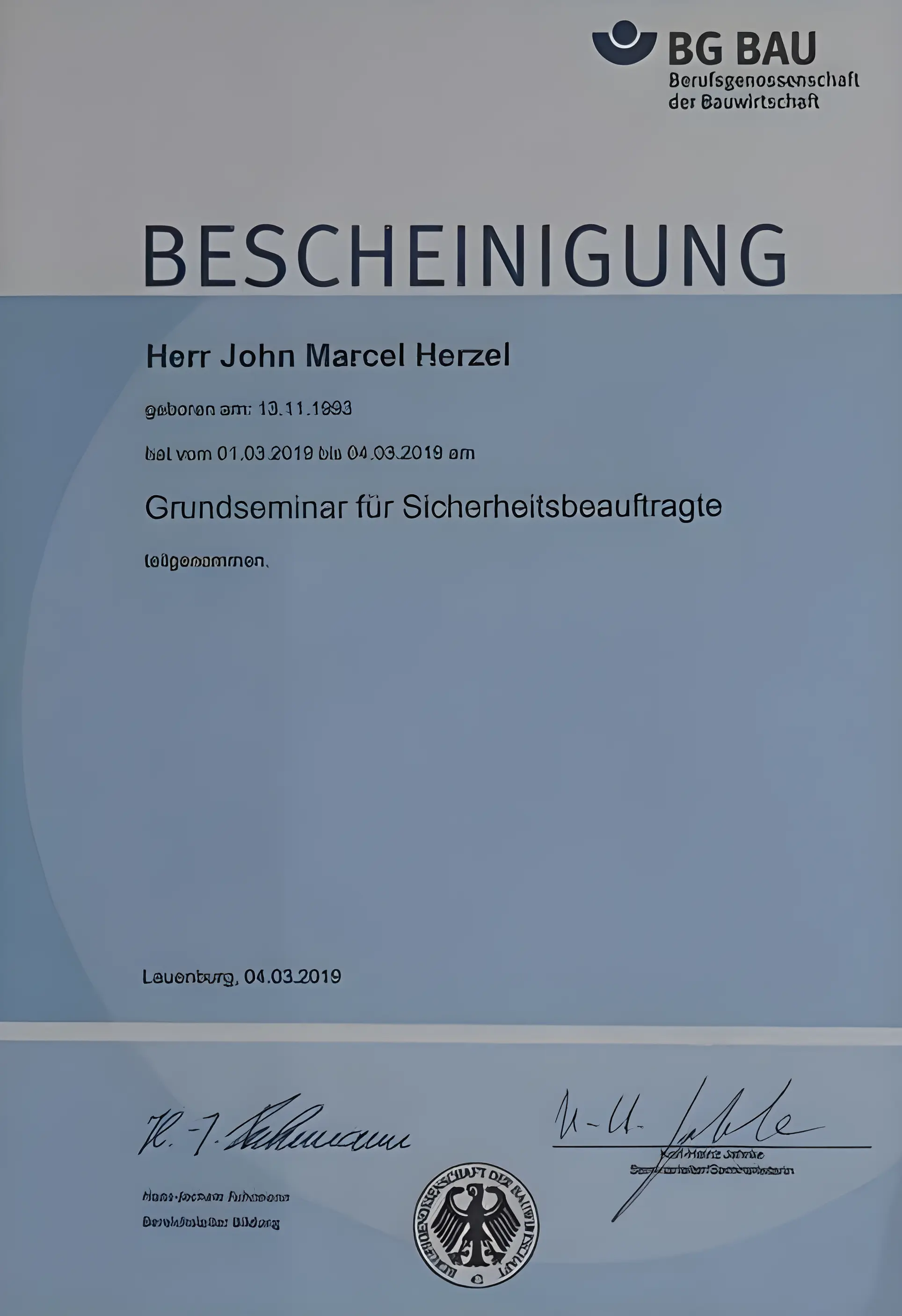 BG Bau Grundseminar für Sicherheitsbeauftragte